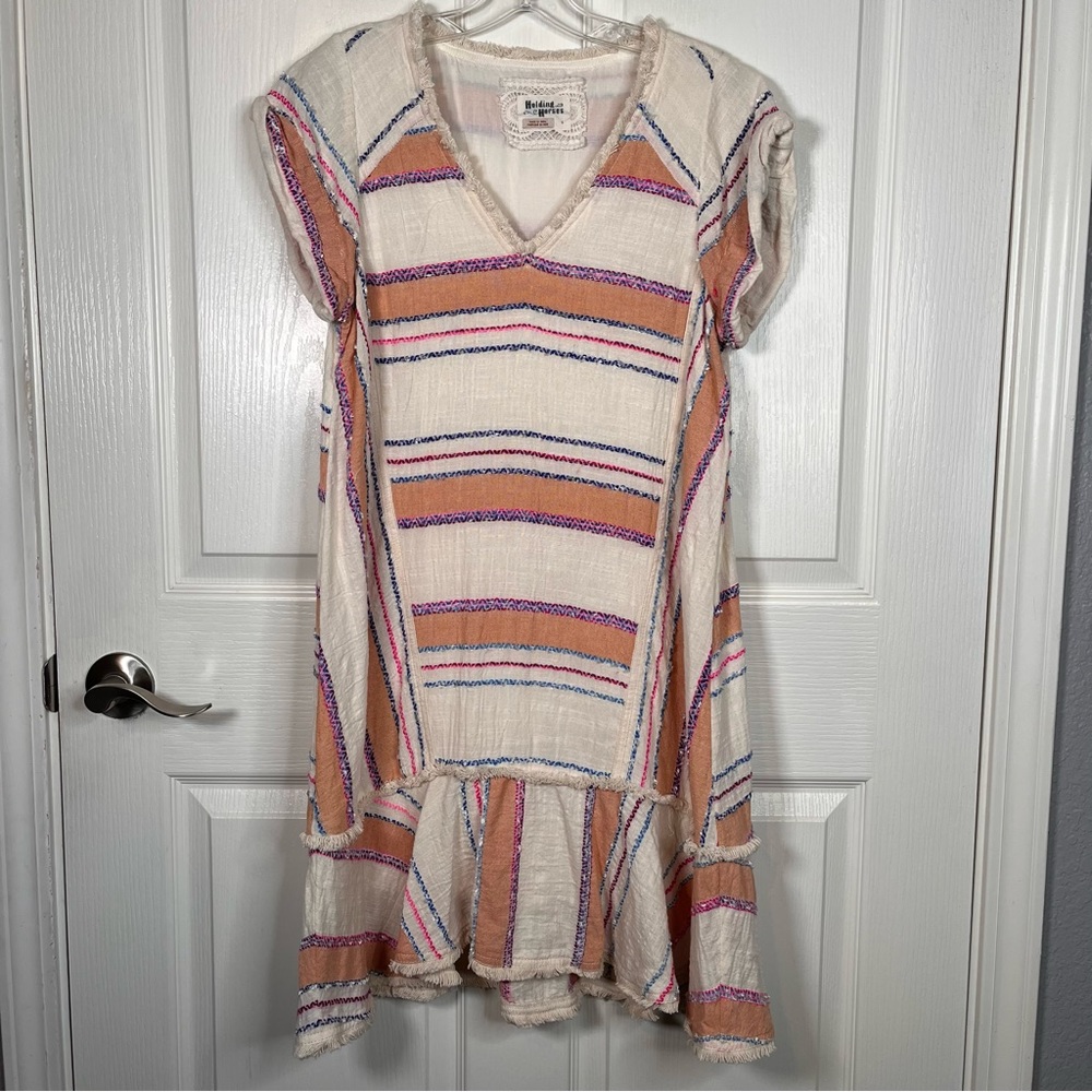 Anthropologie Holding Horses Elira Striped Boho Dress Sz S Frayed Trim